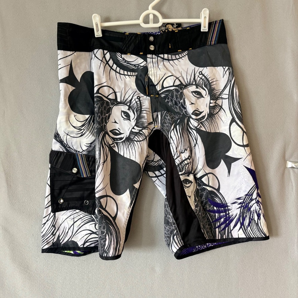 MCD More Core Division Reversible Board Shorts Purple Floral Koi Fish Mens Vtg